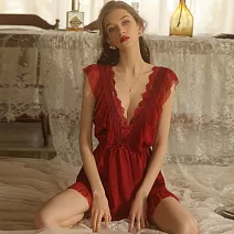 【唯蜜色】氣質睫毛蕾絲拼接冰絲性感深V女用睡裙 紅色