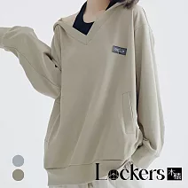 【Lockers 木櫃】秋季V領寬鬆落肩帽T上衣 L111082904 L 灰綠色