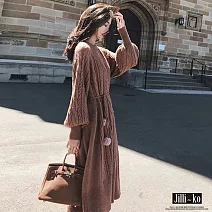 【Jilli~ko】法式復古收腰繫繩針織連衣裙 7641  FREE 咖啡色