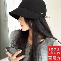 seoul show首爾秀 斜紋皮標束口棒球帽四季漁夫帽防曬遮陽帽  黑色