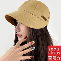 seoul show首爾秀 斜紋皮標束口棒球帽四季漁夫帽防曬遮陽帽  卡其