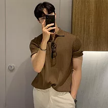 【AMIEE】型男修身坑條純色POLO衫(男裝/KDTY-2217) M 咖啡