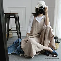 【Jilli~ko】百搭休閒亞麻吊帶褲 J7366  FREE 杏色