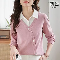 【初色】休閒POLO領假兩件拼接簡約上衣-霧粉紫-66909(M-2XL可選) XL 霧粉紫