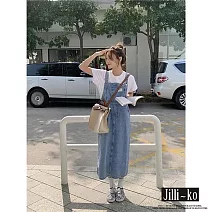 【Jilli~ko】韓版休閒百搭寬鬆口袋牛仔吊帶裙 J10826  FREE 藍色