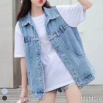 【MsMore】 網紅牛仔背心韓版寬鬆無袖中長版百搭背心外套# 118569 XL 藍色