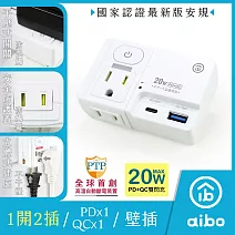 aibo 平壓式1開2插 高溫斷電智慧PD20W快充USB壁插