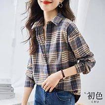 【初色】英倫風經典復古格子格紋磨毛寬鬆翻領排扣長袖襯衫上衣-共2色-31058(M-2XL可選) 2XL 藍色