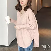 【初色】簡約素色V領長袖寬鬆中大尺碼弧形下擺開叉內搭打底針織衫毛衣上衣-共5色-31522(F可選) F 粉紅色