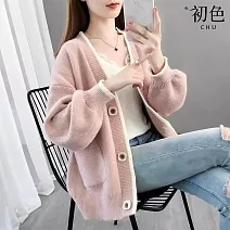 【初色】撞色百搭寬鬆休閒外搭長袖針織開衫外套-共4色-31448(F可選) F 粉紅色