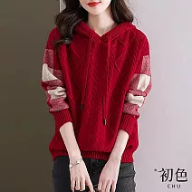 【初色】拼色拼接長袖寬鬆針織毛衣抽繩連帽T恤上衣女上衣-共3色-32017(F可選) F 紅色