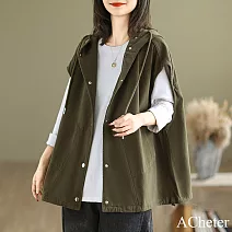 【ACheter】 棉麻大碼文藝連帽寬鬆外套坎肩工裝背心短版# 120722 2XL 綠色
