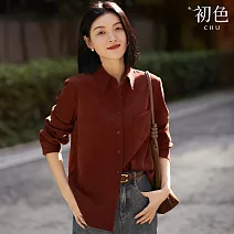 【初色】美拉德風坑條紋純色POLO領長袖襯衫上衣女上衣-共3色-32662(M-XL可選) M 紅棕色