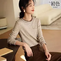 【初色】簡約撞色休閒百搭圓領長袖T恤女上衣-奶茶色-32726(M-2XL可選) M 奶茶色