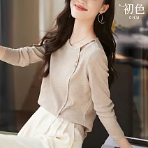 【初色】純色坑條紋簡約鏤空設計圓領長袖針織T恤上衣女上衣-燕麥色-32735(M-2XL可選) M 燕麥色