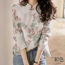 【初色】中式復古改良旗袍印花立領盤扣長袖襯衫上衣女上衣-花色-33033(M-2XL可選) L 花色