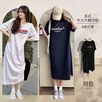 【初色】美式圓領字母印花短袖中大碼洋裝連身裙洋裝中長洋裝-8款任選-33856(M-2XL可選) L A.黑色