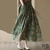 【初色】棉麻風碎花印花高腰抽繩顯瘦休閒中長半身裙-共2色-34766(M-2XL可選) M 綠色