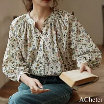 【ACheter】 法式別致甜美寬鬆疊穿上衣森系全棉碎花襯衫漂亮短版長袖# 122753 2XL 花紋色