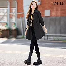 【AMIEE】韓版修身顯瘦中長版風衣外套(KDCQ-7633) L 黑色