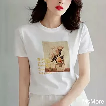 【MsMore】 皇室玫瑰油彩印花圓領精梳棉短袖短版T恤上衣台灣現貨# 121666 S 白色