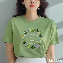 【MsMore】 新娘花圈立體印花圓領精梳棉短袖短版T恤上衣台灣現貨# 121672 S 果綠色