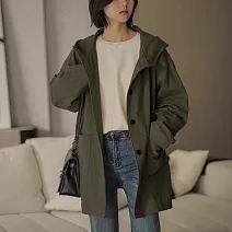 【ACheter】 經典寬鬆風衣連帽大衣美拉德復古長袖中長外套# 123500 L 軍綠色