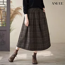 【AMIEE】格紋鬆緊腰半身裙中長款A字裙(KDSQ-3731) 2XL 咖格