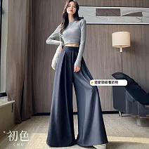 【初色】通勤風純色魔鬼氈垂感寬鬆高腰西裝褲闊腿褲休閒褲寬褲長褲-共兩款四色-37425(M-2XL可選) XL 藏青色加長款