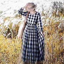 【初色】文藝風格紋綁帶收腰圓領長袖中長連衣裙連身洋裝-共2色-38276(M-2XL可選) M 黑格