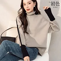 【初色】日系撞色拼接寬鬆高領長袖毛衣針織衫上衣女上衣-共3色-38389(F可選) F 駝色
