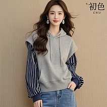 【初色】美式條紋假兩件連帽T恤上衣女上衣-灰色-38648(M-XL可選) XL 灰色