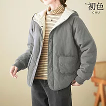 【初色】簡約風撞色內襯寬鬆單排釦保暖鋪棉連帽長袖外套女外套-共2色-38600(M-XL可選) L 灰色