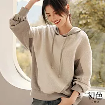 【初色】休閒風拼色連帽抽繩連帽T恤長袖上衣女上衣-米駝色-37846(M-2XL可選) L 米駝色