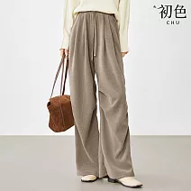 【初色】純色抽繩鬆緊腰燈芯絨寬鬆抽皺山本褲休閒褲寬褲長褲-共4色-38810(M-XL可選) XL 卡其色