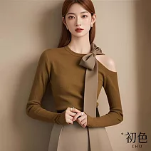 【初色】日系蝴蝶結斜邊露肩純色顯瘦圓領長袖針織T恤女上衣-咖色-39259(F可選) F 咖色