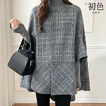 【初色】純色格紋千鳥格圓領長袖寬鬆中長款斗篷大衣毛呢外套-共7色-32428(M/L可選) L 綠格