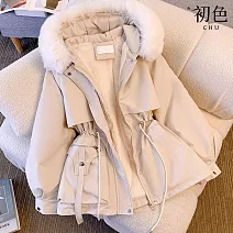 【初色】韓系純色科技羽絨棉服加絨厚皮連帽口袋收腰長袖外套女外套-共4色-39171(M-3XL可選) M 白色