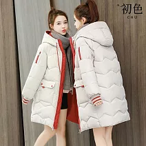 【初色】韓系寬鬆口袋壓痕設計連帽抽繩長袖中長款科技羽絨棉外套-共5色-32564(M-2XL可選) M 米白色