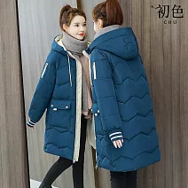 【初色】韓系寬鬆口袋壓痕設計連帽抽繩長袖中長款科技羽絨棉外套-共5色-32564(M-2XL可選) XL 藍色