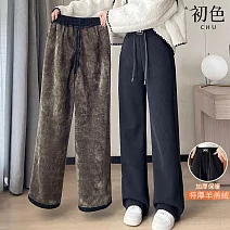 【初色】抽繩燈心絨純色內裏加絨加厚直筒休閒褲寬褲長褲-共3色-39454(M-3XL可選) M 深灰色