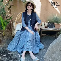 【初色】日系復古格紋圓領長袖寬鬆傘裙中長連衣裙連身洋裝-藍色-10129(M-2XL可選) M 藍色