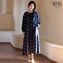 【初色】法式復古文藝波點大碼圓領長袖連衣裙連身洋裝長洋裝-藍底圓點-10134(M-2XL可選) M 藍底圓點