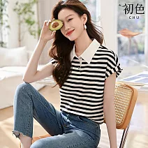 【初色】撞色拼接黑白條紋翻領POLO領連肩袖短袖T恤POLO衫上衣女上衣-條紋-33468(M-2XL可選) M 條紋