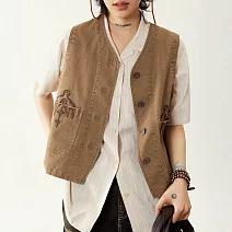 【ACheter】 復古繡花口袋工裝牛仔背心短版造型外套# 124473 XL 卡其色