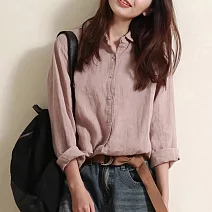 【ACheter】 棉麻感文藝寬鬆純色休閒長袖襯衫短版上衣# 124489 M 粉紅色