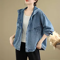 【ACheter】 大碼顯瘦減齡寬鬆長袖連帽牛仔短版外套# 124490 M 藍色
