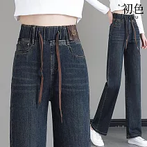 【初色】復古風貼標高腰鬆緊抽繩直筒牛仔褲寬褲長褲-共2色2款-39455(M-4XL可選) M 深藍色-加長款