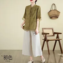 【初色】新中式復古立領盤扣五分袖襯衫＋鬆緊腰闊腿寬褲長褲寬鬆中大尺碼套裝-共2色-36705(2XL-4XL可選) 2XL 綠色