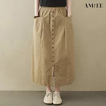 【AMIEE】復古純色鬆緊腰A字裙(KDSY-2027) M 卡其